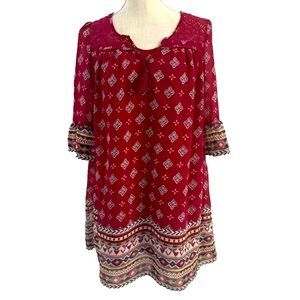 Red Camel Red Floral Bell Sleeved Short Dress Boho Festival Womens SMALL